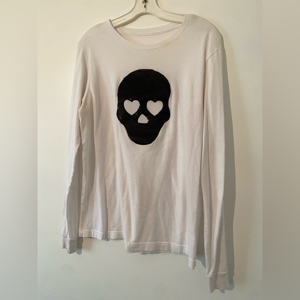 Kings of Cole Women’s White Long Sleeve T-Shirt w/ Black Sequin Skull Size M